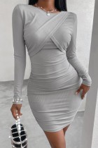 Herfst sexy grijze gebreide bodycon-jurk met overslag en lange mouwen