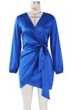 Fall Sexy Blue V-Neck Satin Long Sleeve With Belt Min Dress