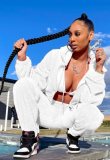 Winter Causal White Fleece Hooded Zipper Top And Bra And Pant 3 Piece Set