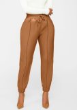 Fall Sexy Brown PU Leather High Waist Drawstring Pants