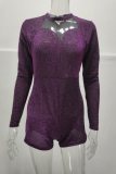 Fall Sexy Purple See Through Sequins Long Sleeve Romper