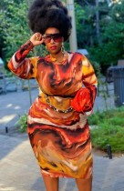 Sonbahar Büyük Beden Batik Desenli Uzun Kol Midi Elbise