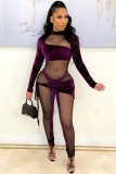 Fall Sexy Purple Velvet Mesh Patch long Sleeve Tight Jumpsuit