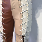 Winter Contrast Color Lace-Up High Waist Party Leather Pants