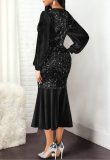 Fall Elegant Black Sequins V Neck Long Sleeve Mermaid Dress