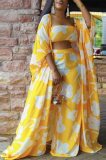 Fall Plus Size Yellow Floral Printed Tube Crop top and Wide Leg Pants Set with Oversize Coat