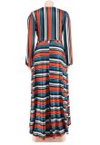 Fall Plus Size Stripe Print Lace Up V Neck Long Sleeve Top And Long Dress Set