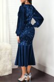 Fall Elegant Blue Sequins V Neck Long Sleeve Mermaid Dress