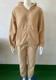 Winter Sport Solid Khaki Zipper Long Sleeve Top And Jogger Pant Tracksuit