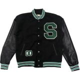 Winter Sport Fashion Balck With Green Number Contrast Pu Leather Loose Bomber Jacket