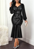 Vestido de lantejoulas pretas elegantes com decote em V de manga comprida vestido sereia