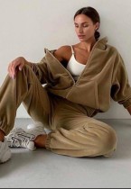 Winter Sport Solid Khaki Zipper Long Sleeve Top And Jogger Pant Tracksuit