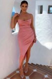 Summer Sexy Peach Satin Straps Irregular Slit Long Dress