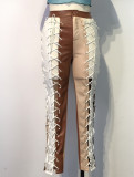 Winter Contrast Color Lace-Up High Waist Party Leather Pants