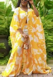 Fall Plus Size Yellow Floral Printed Tube Crop top and Wide Leg Pants Set with Oversize Coat