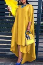 Güz Büyük Beden Seksi Sarı Yarım Kol Düzensiz Gevşek Elbise