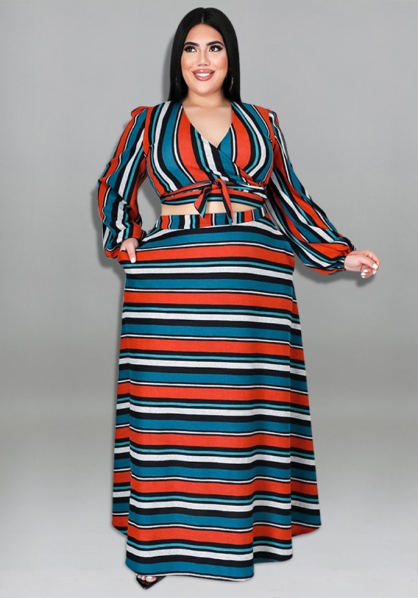 Fall Plus Size Stripe Print Lace Up V Neck Long Sleeve Top And Long Dress Set