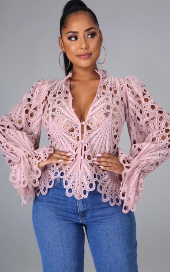 Fall Sexy Pink Hollow Out Long Sleeve Shirt