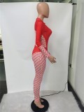 Fall Sexy Red Print Blocked Long Sleeve Jumpsuit