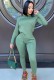 Fall Casual Green Round Neck Long Sleeve Top And Pocket Pant Set