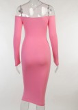 Fall Sexy Pink Straps Off Shoulder Long Sleeve Tight Midi Dress