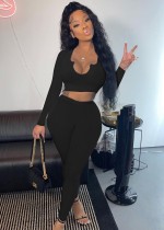 Fall Sexy Black Irregual Neck Long Sleeve Crop Top And Pant Set