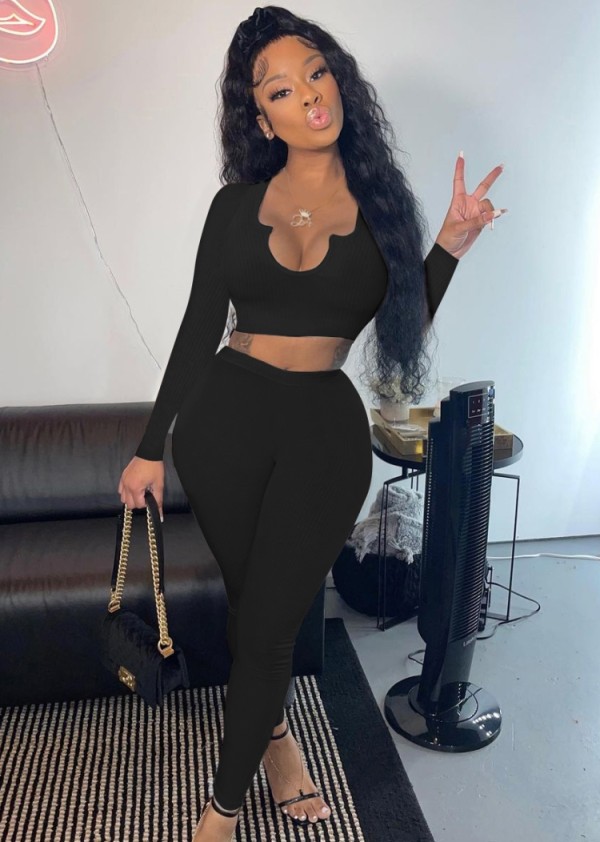 Fall Sexy Black Irregual Neck Long Sleeve Crop Top And Pant Set