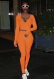 Fall Sexy Orange Irregual Neck Long Sleeve Crop Top And Pant Set