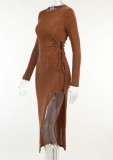 Fall Sexy Brown Hollow Out Long Sleeve Split Midi Dress