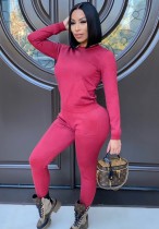 Fall Casual Pink Round Neck Long Sleeve Top And Pocket Pant Set