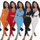 Fall Sexy Blue Irregual Neck Long Sleeve Crop Top And Pant Set