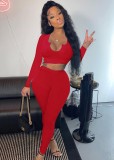 Fall Sexy Red Irregual Neck Long Sleeve Crop Top And Pant Set
