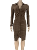 Fall Sexy Brown Long Sleeve V-neck Button Up Ruched Bodycon Dress