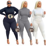 Fall Plus Size Casual Grey High Neck Long Sleeve Top And Pant Set