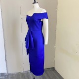Autumn Royal Blue Off Shoulder Formal Slit Midi Dress