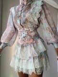Fall Retro Floral Printed Button Up Lace Patch Layered dress