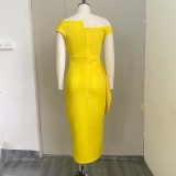 Autumn Yellow Off Shoulder Formal Slit Midi Dress