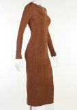 Fall Sexy Brown Hollow Out Long Sleeve Split Midi Dress