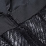 Fall Sexy Black Mesh Patch Turndown Collar Bodysuit