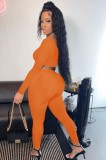 Fall Sexy Orange Irregual Neck Long Sleeve Crop Top And Pant Set