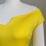 Autumn Yellow Off Shoulder Formal Slit Midi Dress