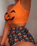 Fall Pumpkin Print Halloween Crop Tank and Match Shorts Set