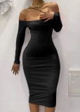 Fall Sexy Black Straps Off Shoulder Long Sleeve Tight Midi Dress