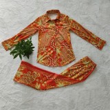 Fall Retro Print Button Up Long Sleeve Top And Loose Pant Set