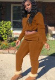 Winter Casual Brown Crop Two Piece Tracksuit