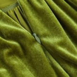 Fall Casual Green Velvet Puff Sleeve Skater Dress