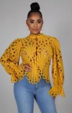 Fall Sexy Yellow Hollow Out Long Sleeve Shirt