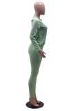 Fall Casual Green Round Neck Long Sleeve Top And Pocket Pant Set
