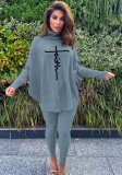 Winter Gray Printed High Neck Oversize Shirt and Tight Pants Set