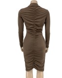 Fall Sexy Brown Long Sleeve V-neck Button Up Ruched Bodycon Dress